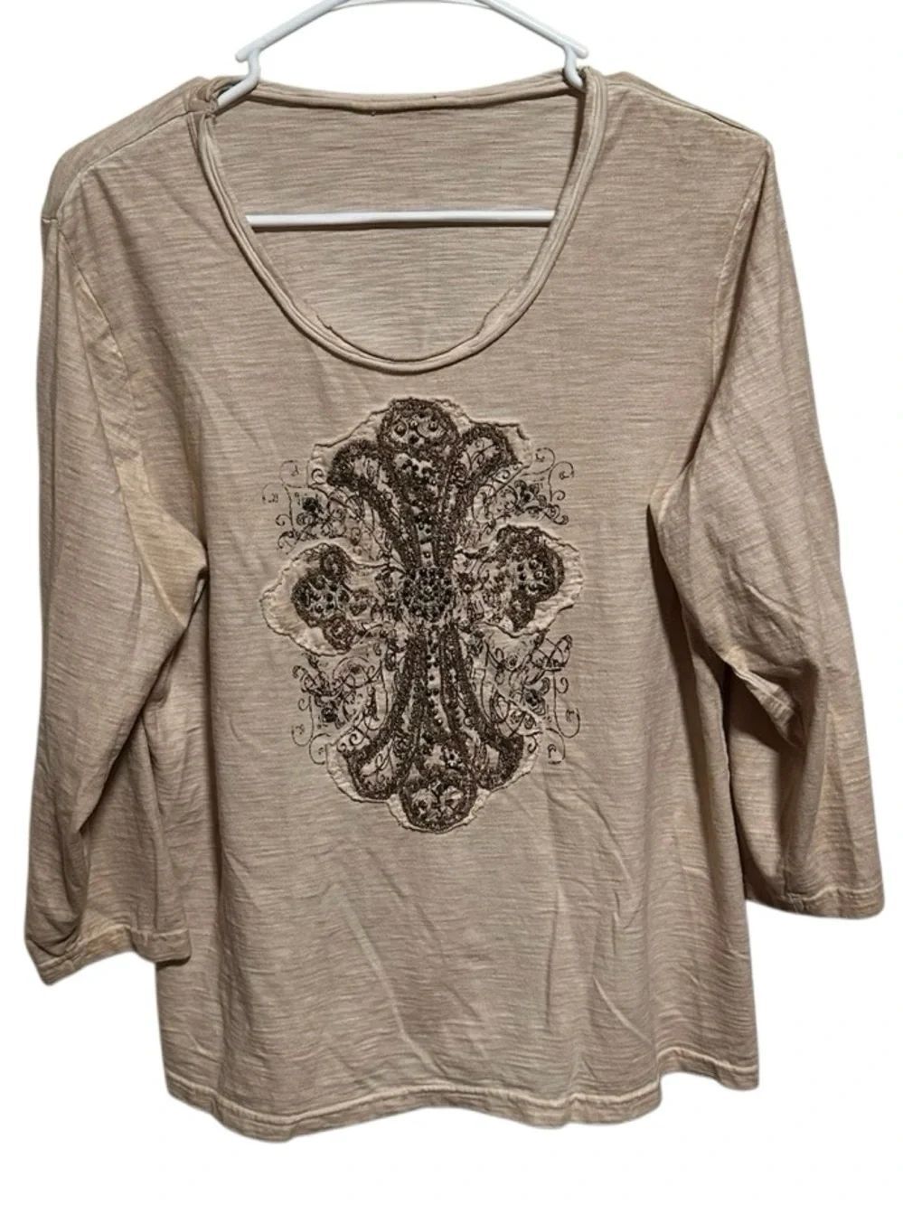 Boho Embellished Cross Graphic 3/4 Sleeve Top  Beige Tee | See Measurements - Picture 2 of 8